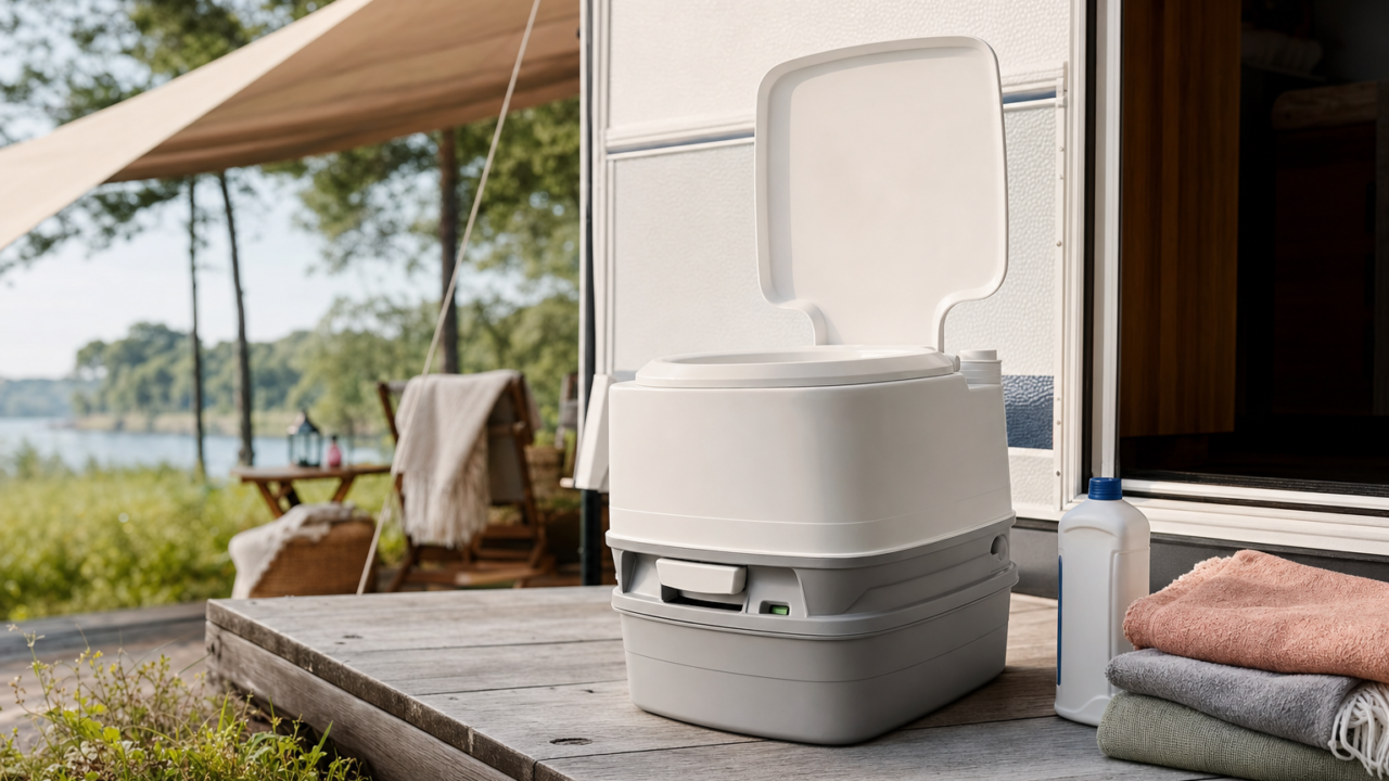 Mobile Kassetten-Campingtoilette mit Frischwassertank auf einem Holzdeck am Wohnwagen