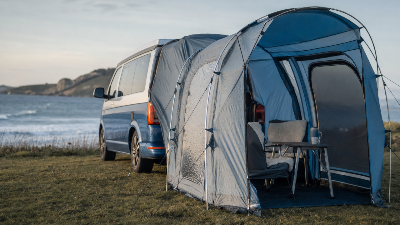 Freistehendes Heckzelt am geöffneten Heck eines VW-Campingbusses auf einer Wiese am Meer