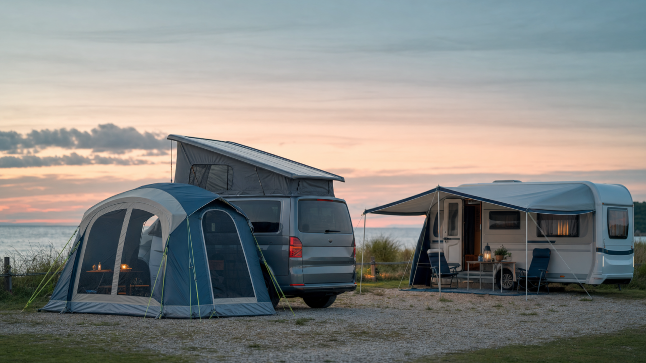 Campingbus mit freistehendem Heckzelt neben Wohnwagen mit ausgefahrener Markise am Meer