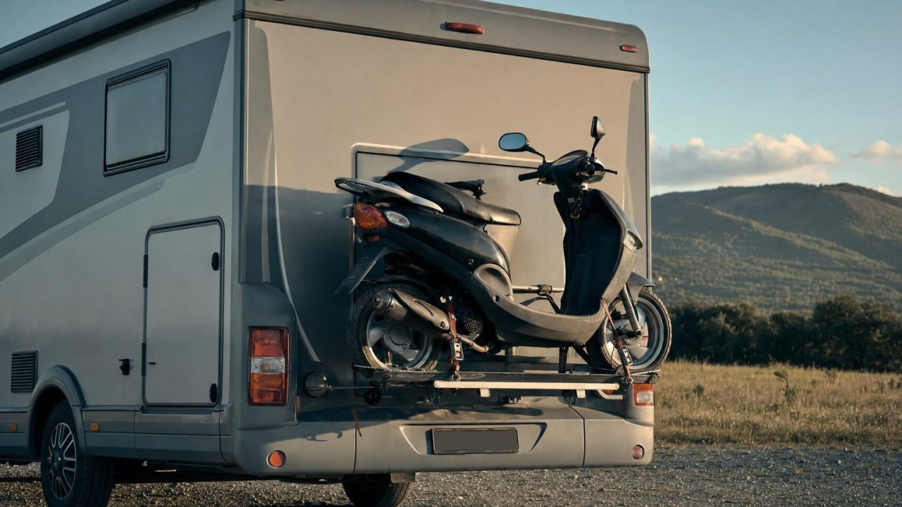 125er-Roller auf dem Heckträger eines Wohnmobils