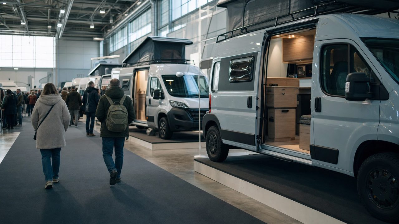 Besucher zwischen Reisemobilen in einer Halle der CMT Stuttgart