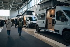 Besucher zwischen Reisemobilen in einer Halle der CMT Stuttgart