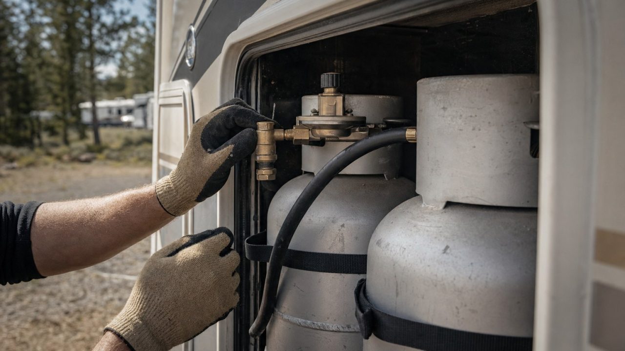Prüfer kontrolliert die Gasflaschen im Gaskasten eines Wohnmobils