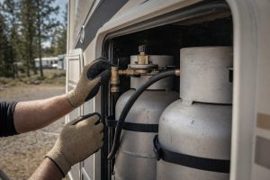 Prüfer kontrolliert die Gasflaschen im Gaskasten eines Wohnmobils