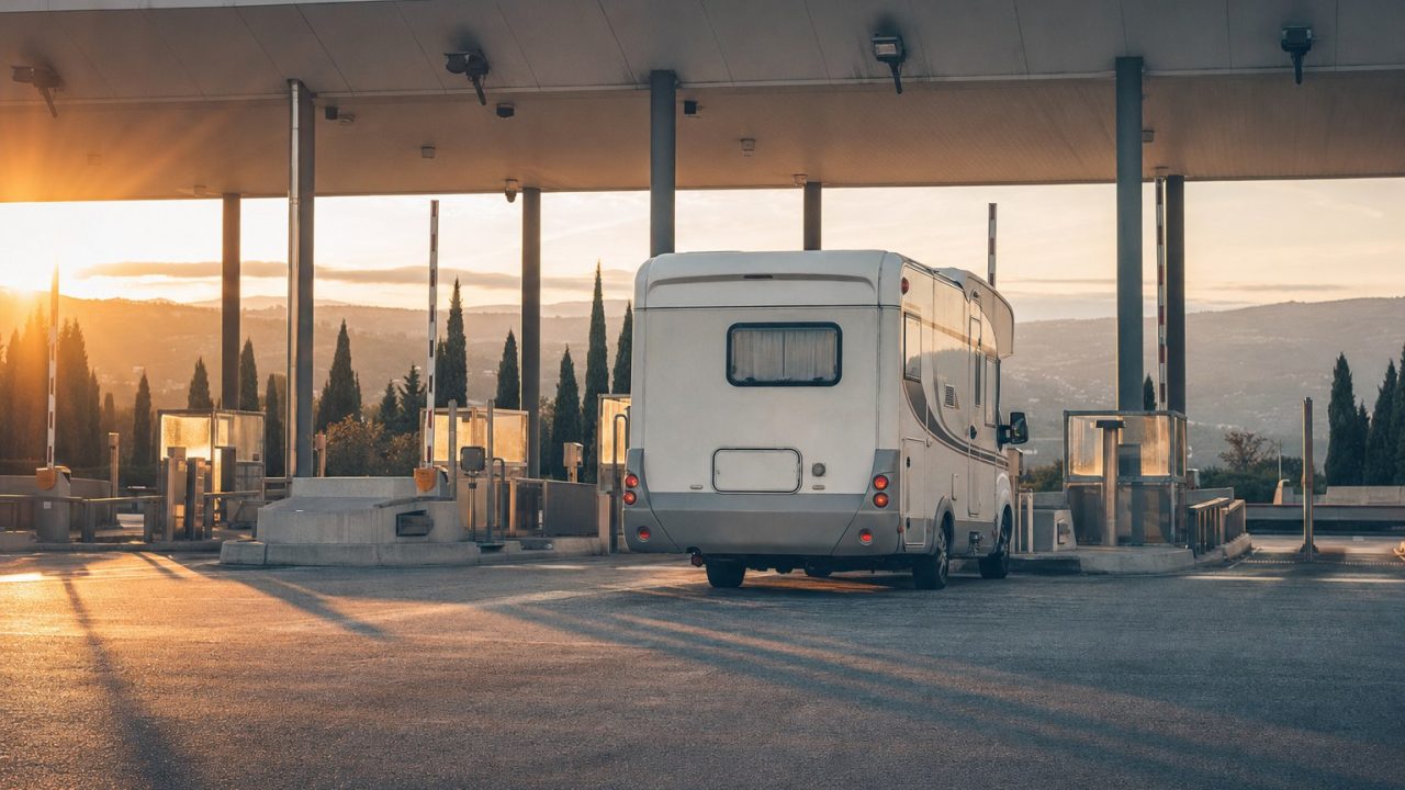 Italienische Autobahn mit Mautstation und Wohnmobil in der Abendsonne