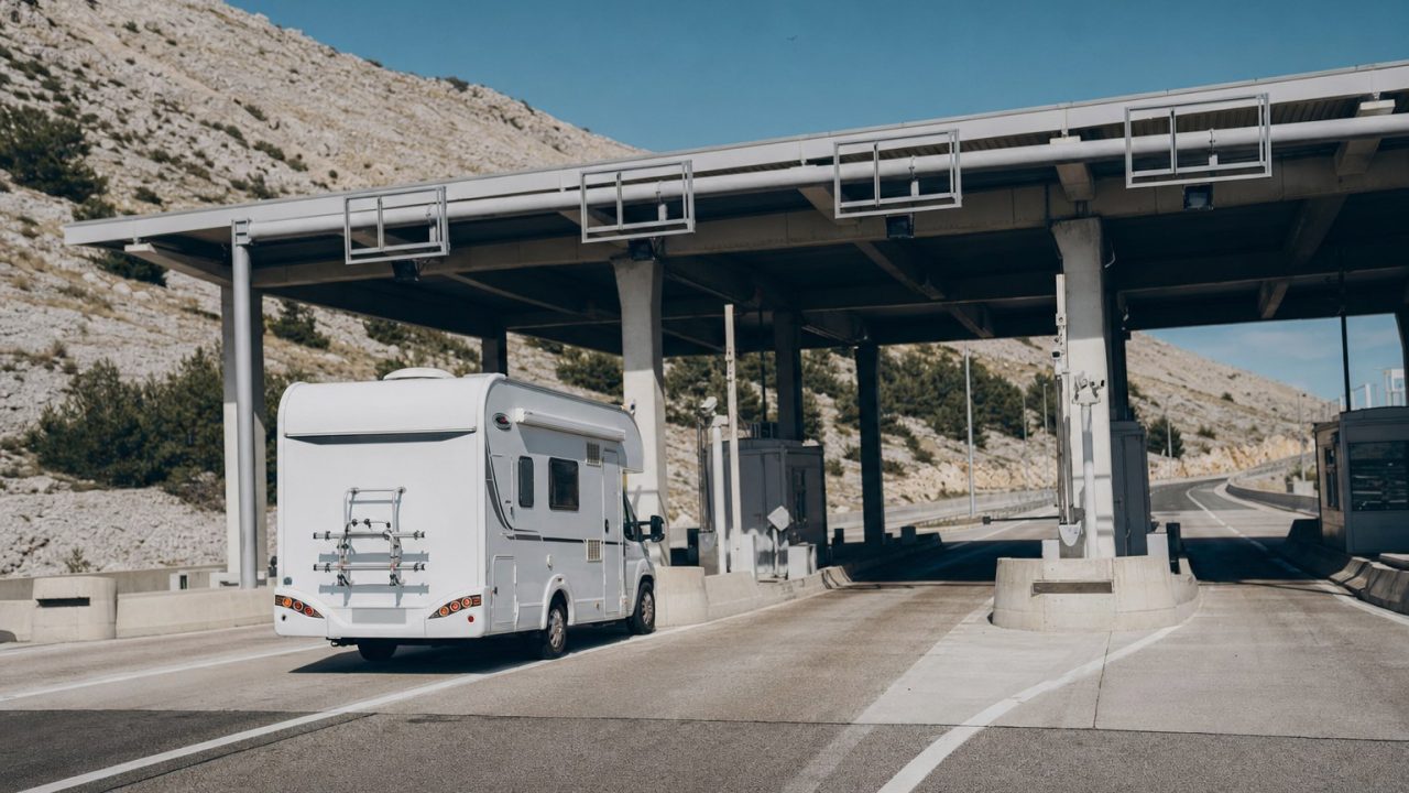 Mautstation an einer kroatischen Autobahn mit einfahrendem Wohnmobil