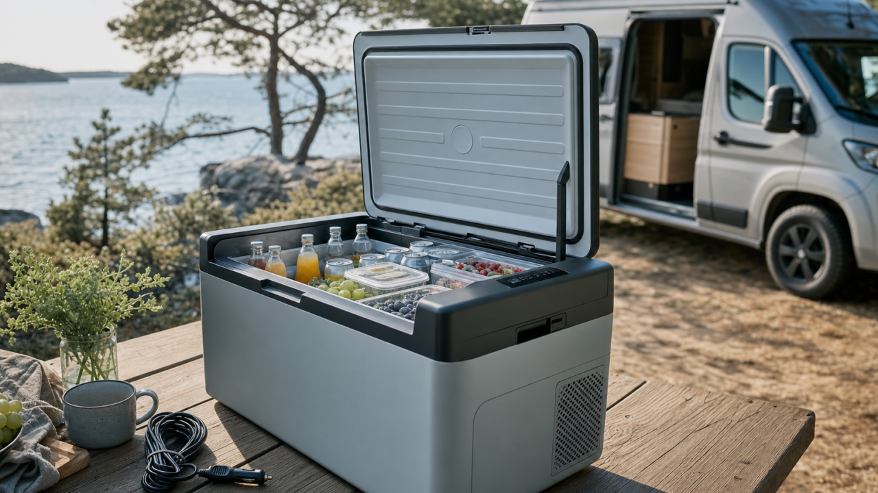 Geöffnete elektrische Kompressor-Kühlbox mit gekühlten Getränken auf einem Campingtisch am Stellplatz