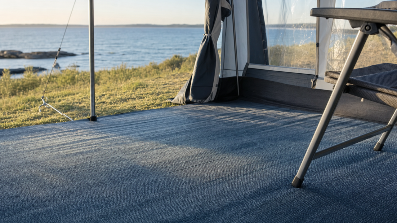 Camping-Zeltteppich mit gewebter Struktur ausgelegt im offenen Vorzelt eines Wohnwagens am Meer