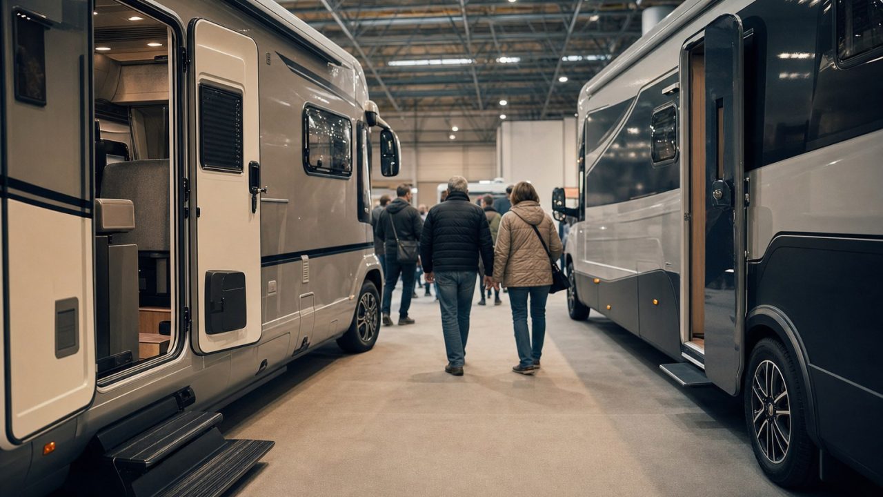 Wohnmobile und Caravans in einer Messehalle beim Caravan Salon Düsseldorf