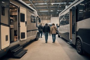 Wohnmobile und Caravans in einer Messehalle beim Caravan Salon Düsseldorf