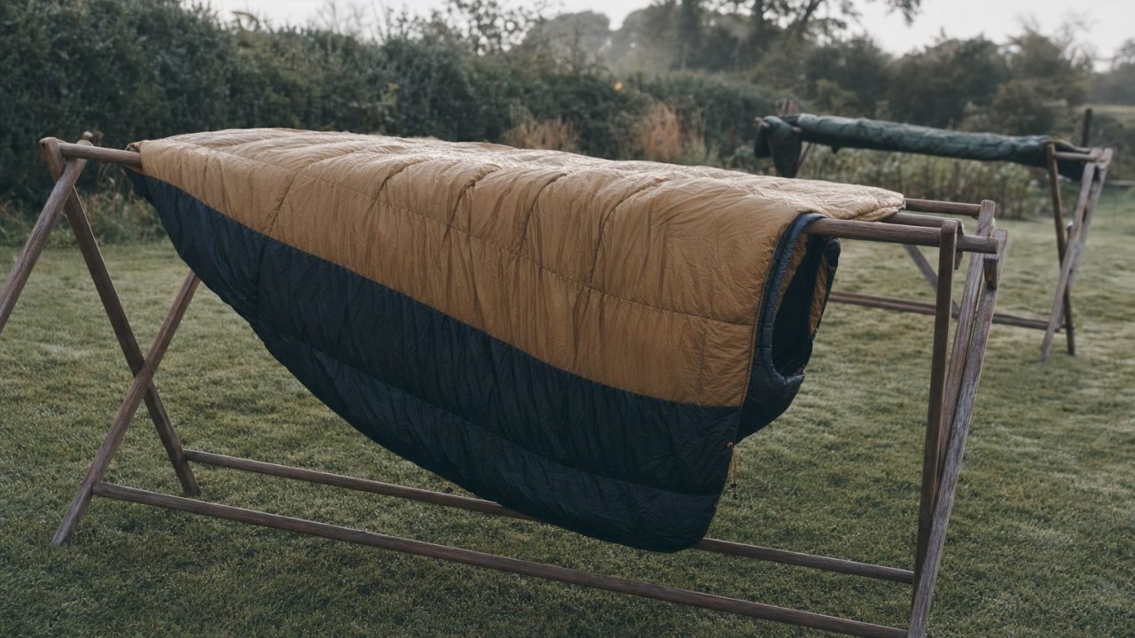 Schlafsack liegt zum Trocknen ausgebreitet auf einem Wäscheständer im Freien