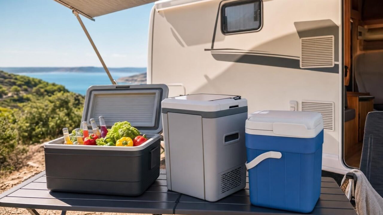 Drei verschiedene Kühlboxen nebeneinander auf einem Campingtisch vor einem Wohnmobil, eine geöffnet mit Getränken und Gemüse, Sommersonne und Schatten einer Markise