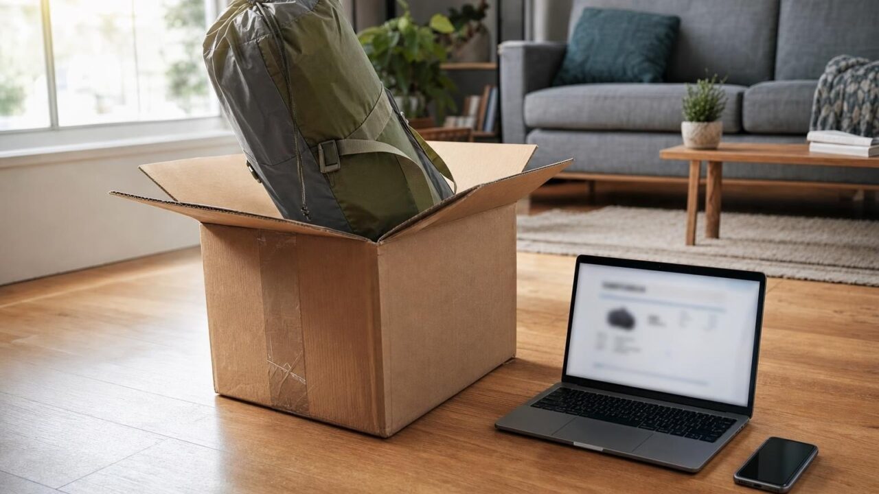 Wohnzimmerboden mit einem geöffneten Versandkarton, daraus ragt ein verpacktes Zelt, daneben ein Laptop mit einer Bestellbestätigung und ein Smartphone, Tageslicht vom Fenster