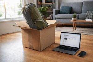 Wohnzimmerboden mit einem geöffneten Versandkarton, daraus ragt ein verpacktes Zelt, daneben ein Laptop mit einer Bestellbestätigung und ein Smartphone, Tageslicht vom Fenster