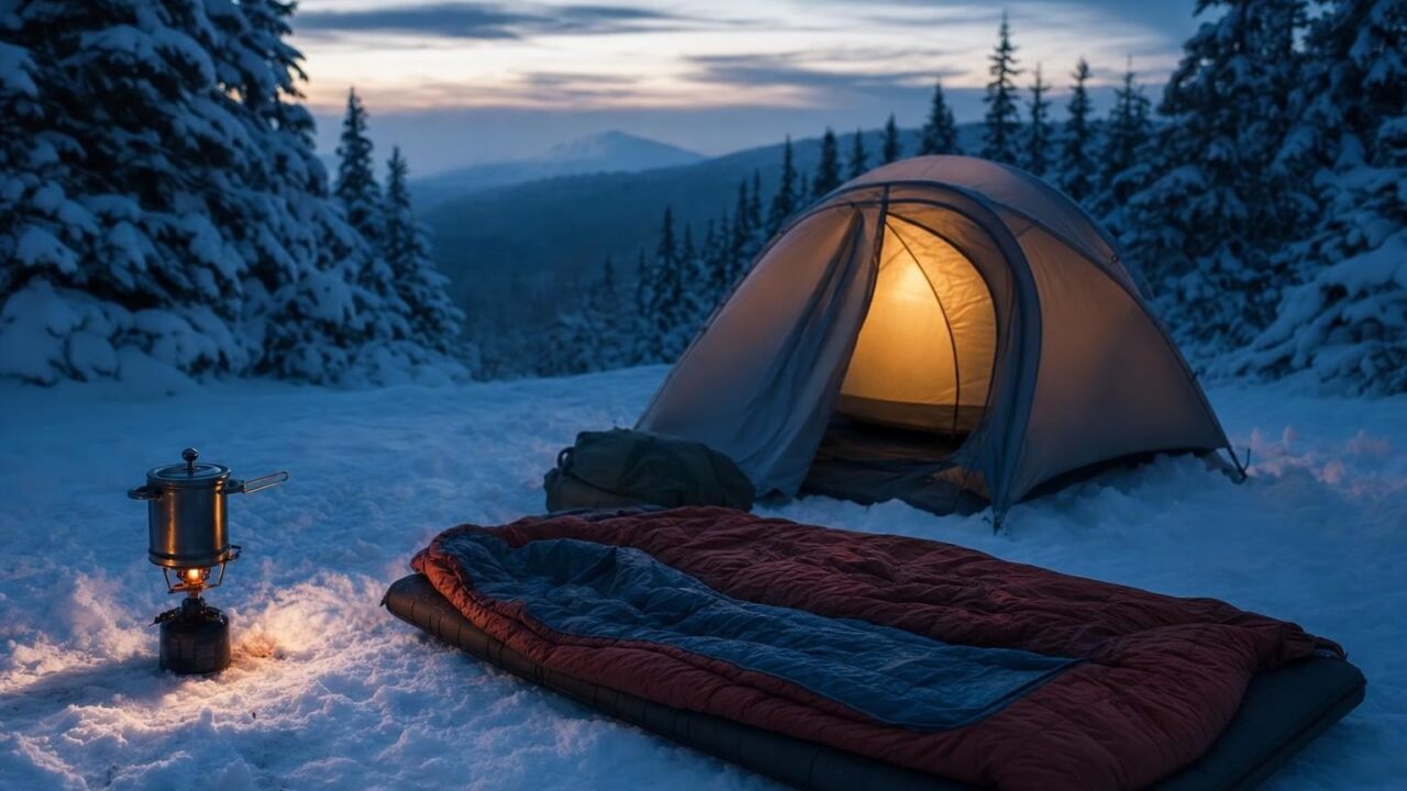 Kuppelzelt auf einer verschneiten Lichtung im Wald, davor ein ausgerollter Schlafsack auf einer dicken Isomatte und ein Gaskocher, blaues Dämmerlicht